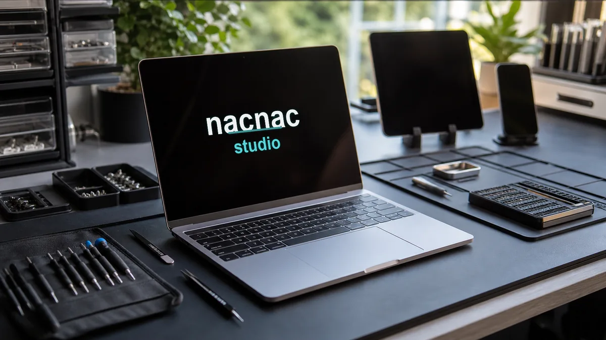 Repair bench with nacnac studio on the laptop screen